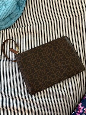 Calvin Klein Brown Monogram Wristlet Pouch/clutch